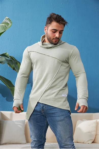 Parçalı Parmak Geçmeli Slim Fit Yeşil Sweatshirt
